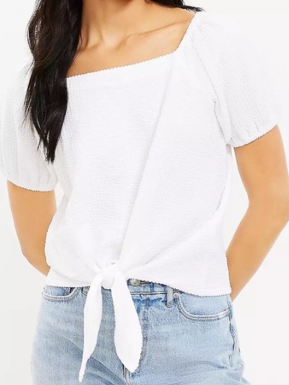 LOFT‎ seersucker White Square-Neck Tie-Front Top blouse Sz M